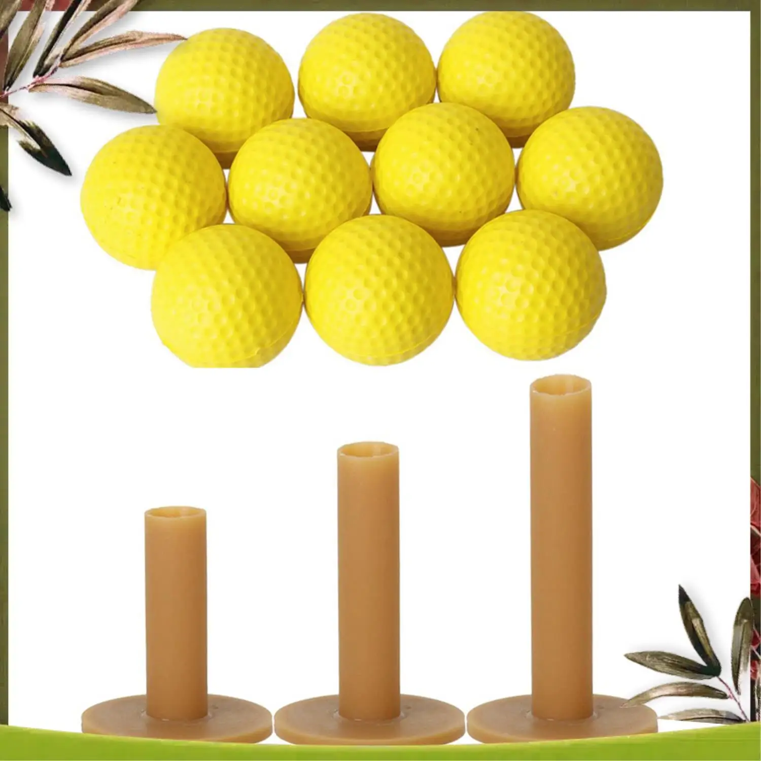 A08P-10szt Żółta Miękka Elastyczna Piłka Golfowa PU do Ćwiczeń w Pomieszczeniach i 3x Kawałki Tee Golfowe Wytrzymałe Tee do Treningu na Driving Range 60/70/80 mm