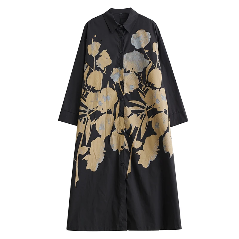 

Loose Fit Printed Long Sve irt Dr Women's Casual Sle Autumn New Faion Big Size Patchwork Sweet Sle Collar