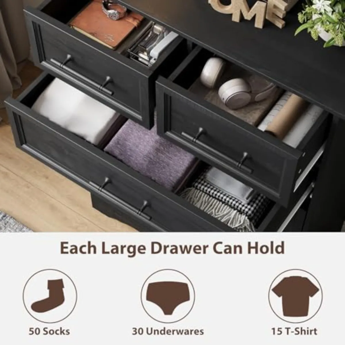 Black Farmhouse Dresser for Bedroom, Modern 6 Chest of Drawers, 44" Tall Chest of Drawers w/Brushed Metal Handle, Wood - view 4