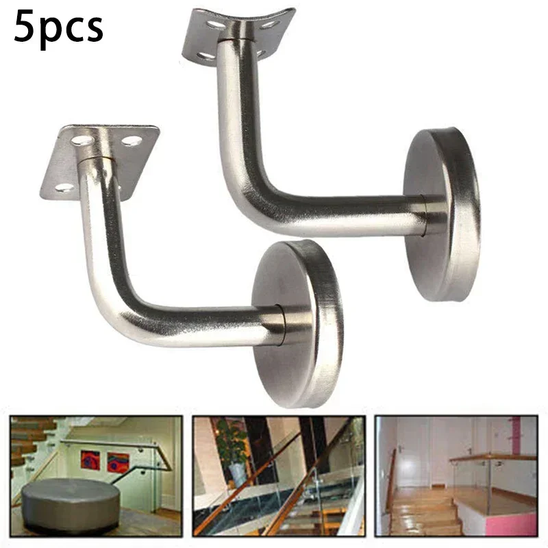 

5Pcs Handrail Brackets Wall Mounted 304 Stainless Steel Flat Bent Hardware Stair Accessories Stair Handrail Guard Rail