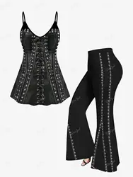 Cami Top and Flare Pants Plus Size 70s 80s Outfits conjuntos para mujeres 2 piezas 3D Pentagram Grommet Lace Up Print