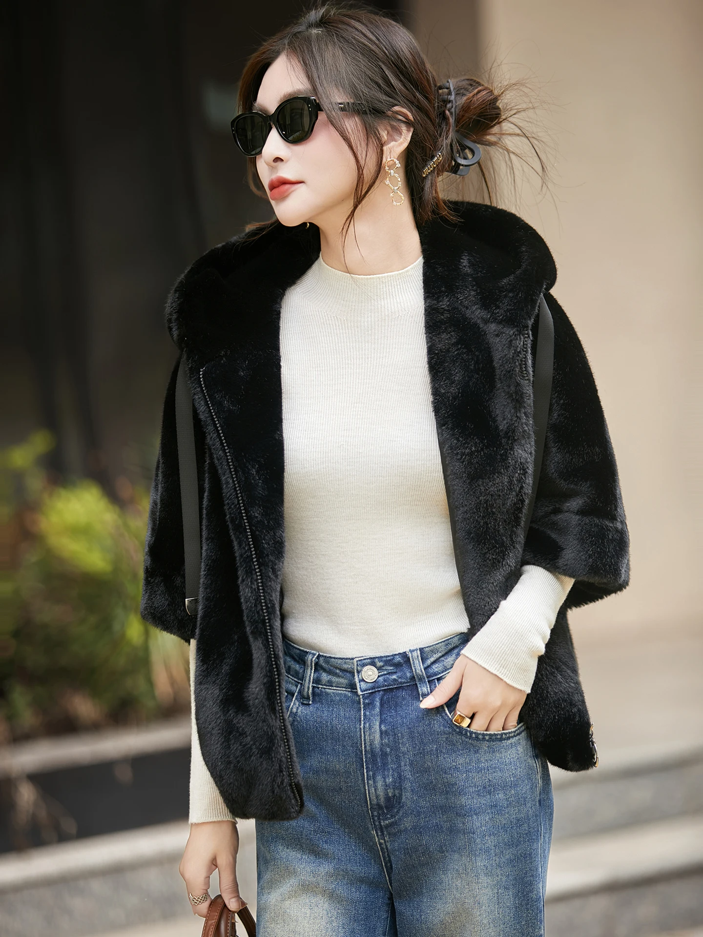 

Winter Zipper Loose Versatile Mink Fur ort Sve Hooded Plu Leather Jaet Women's Faionable All-Match Outerwear