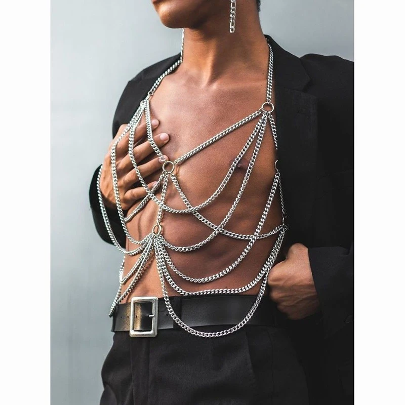 Men Heavy Metal Body Chains Multi Layered Sexy Necklace Chic Fashion Cosplay Party Show Accessories Chest Harness Belt Clubwear