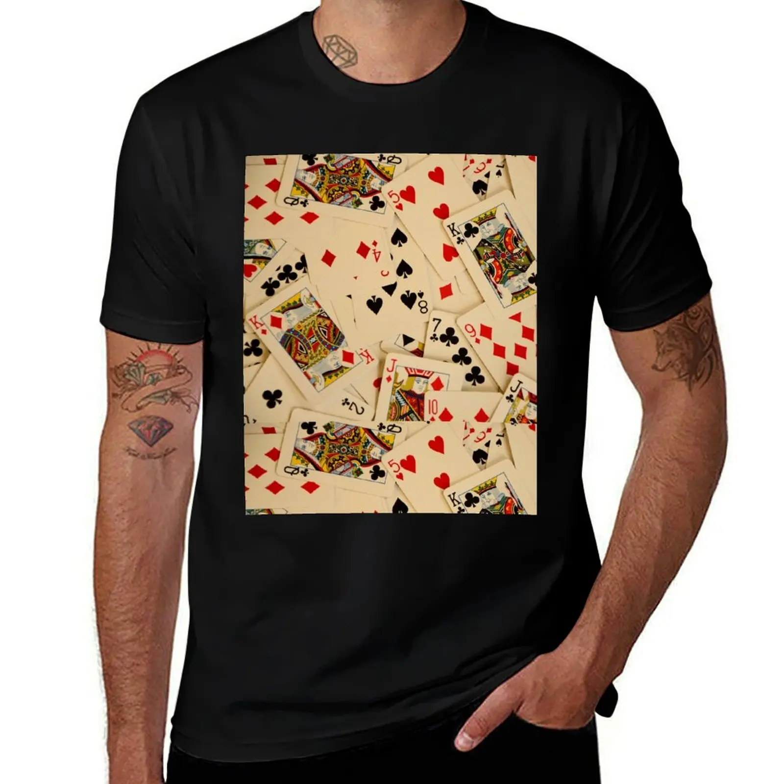 

Scattered Pack of Playing Cards Hearts Clubs Diamonds Spades Pattern T-Shirt summer tops custom t-shirts men workout shirt