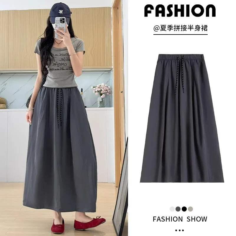 

Американская новая мода 2024, летние женские черные, серые, белые однотонные повседневные модные юбки до щиколотки с высокой талией и завязками