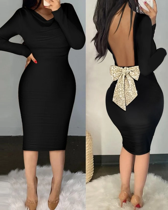 Elegant Party Dresses Women Autumn V-Neck Knitted Long Sleeved Dresses Sexy Sequin Bow Decoration Backless Tight Midi Dresses