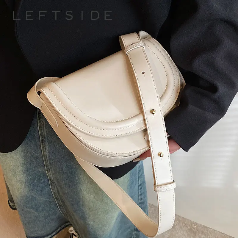 LEFTSIDE  Saddle Crossbody Bags for Women Females Candy Color Leather New 2023 Trend Fashion Solid Simple Handbags and Purses