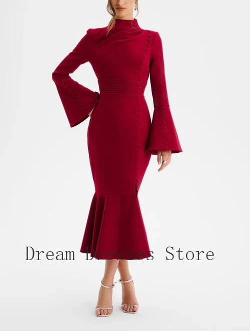 

Customized Sexy Jersey Ruched Sash Button Trumpet High Collar Midi Dresses Bespoke Occasion Dresses Modern Style Sizes Available