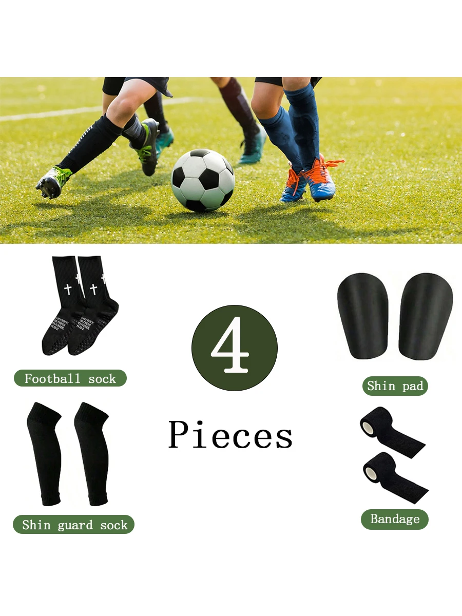 

4 Piece Set Men Women Outdoor Non-slip Football Socks Elastic Leg Set Calf Socks Mini Shin Pads Self-adhesive Elastic Bandage