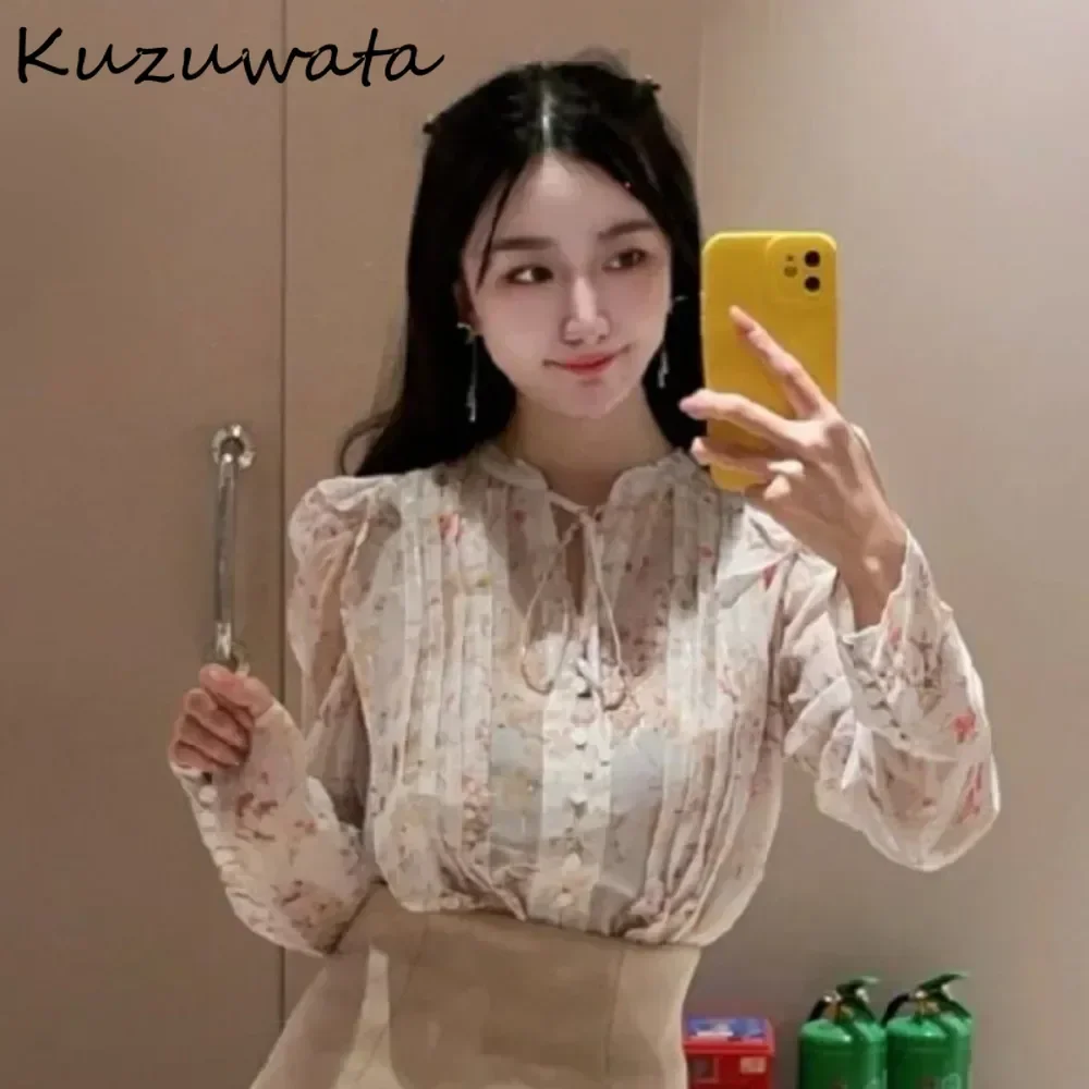 Kuzuwata Autumn New Stand Collar Puff Sleeve Print Shirt Women Lace Up Fresh All-match Blusas Japan Moda Ruffles Ruched Crop Top