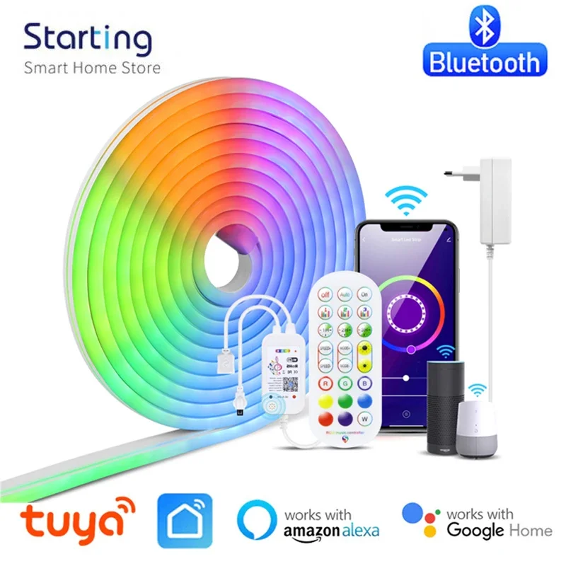 

Светодиодная лента Bluetooth Tuya, RGB неоновая лампа с дистанционным управлением, работает с Alexa Google Home Luz, праздничный декор, 1-5 м