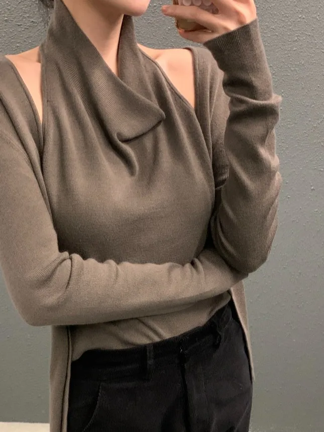 بلوزة نسائية محبوكة بياقة على شكل V، تصميم عملي متعدد الاستخدامات، نمط خريفي جديد، إطلالة كاجوال، قميص بحمالة رقبة