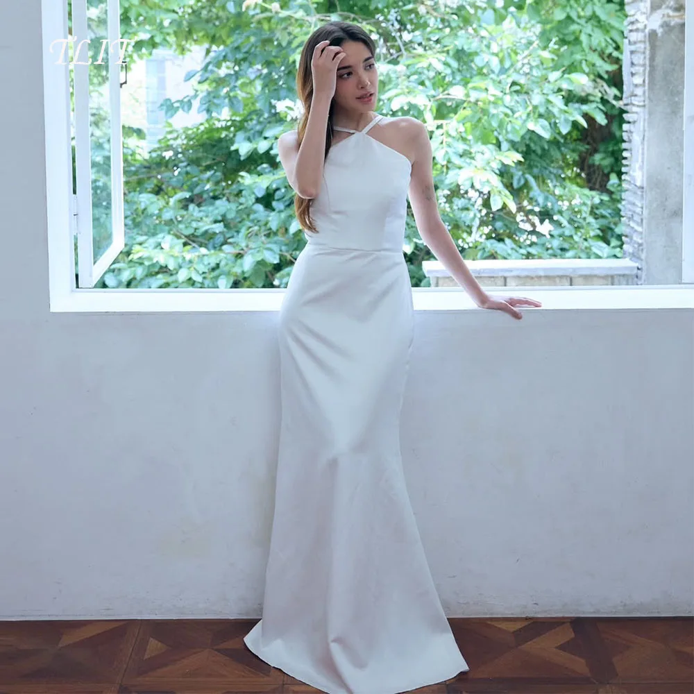 

TLIT Simple White Silk Satin Wedding Dresses Halter Mermaid Bridal Gowns Korea Wedding Dresses Photo Shoot Customized 웨딩드레스