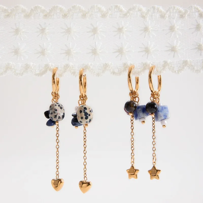 

Minar Bohemia Multicolor Natural Stone Faux Pearl Star Heart Tassel Hoop Earrings for Women Stainless Steel 18K Gold PVD Plated