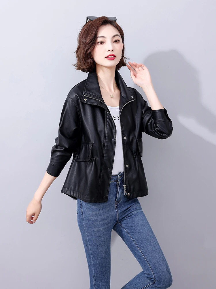 

Весенне-осенняя женская куртка из натуральной овчины 2025 года, укороченная, с завышенной талией, воротником-стойкой, свободного кроя