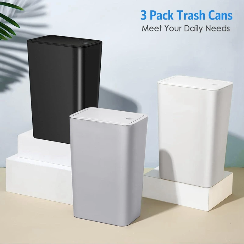 3Pcs Small Bathroom Trash Can With Lid - 2.6 Gallon Slim Garbage Bin For Kitchen/Bedroom/Office/Dorm Durable Easy To Use