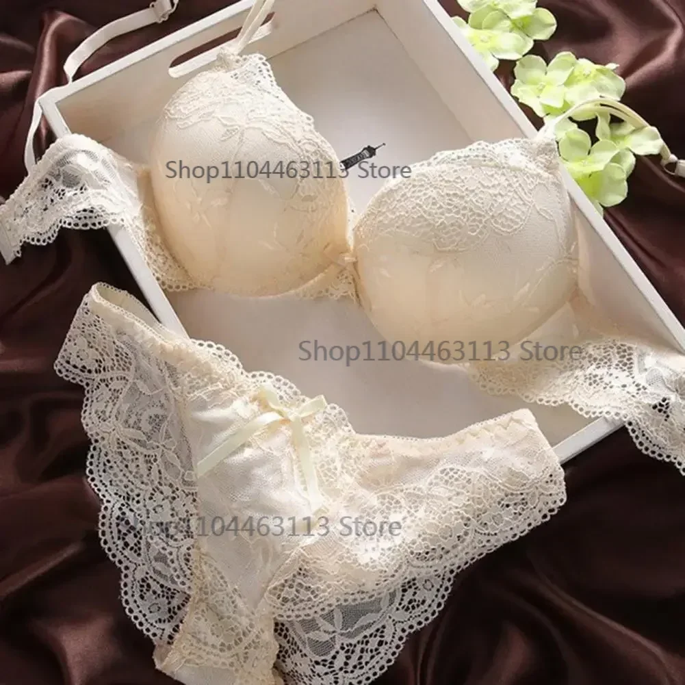 

2 Pcs/Set Women Underwear Set Bra Panties Set Lace Push Up Elastic Bow-knot Back Closure Solid Color Soft Padded With Wire