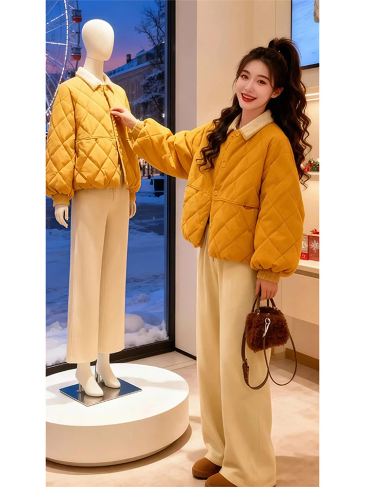

Retro Hong Kong Sle Diamond id Lantern Sve Cotton Jaet Women's Loose Slimming Thi Warm ort Outerwear