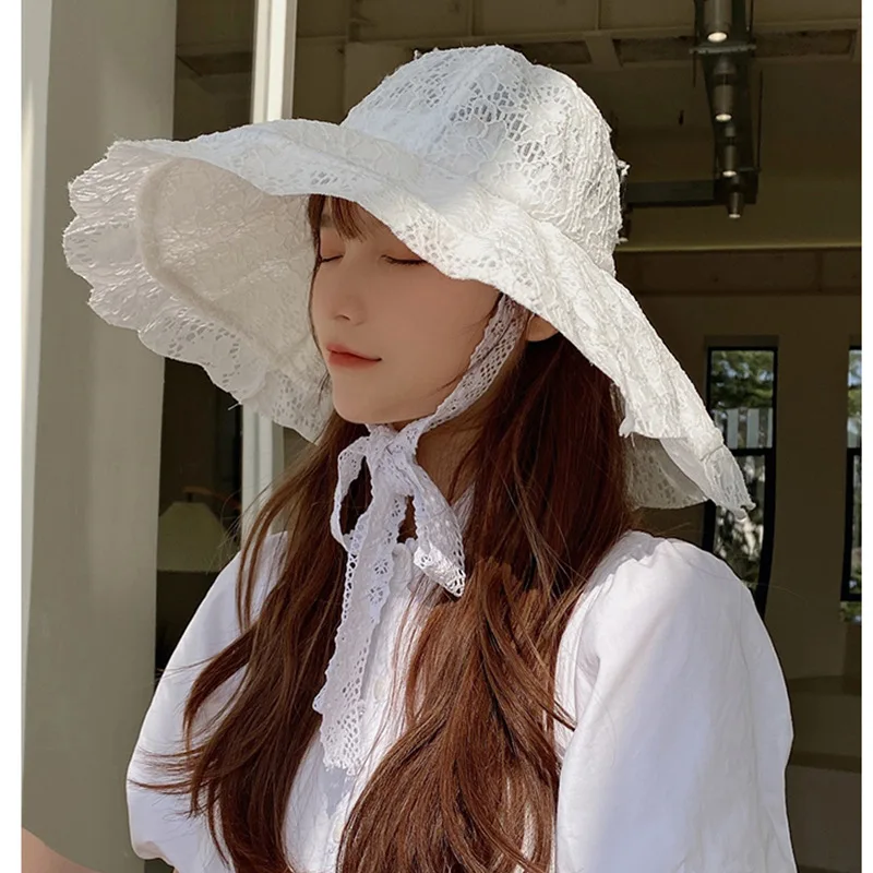 Woman Lace Sun Hat White Black Summer Hats for Women Bucket Hat Beach Sunhat Large Wide Brim Summer Cap for Women