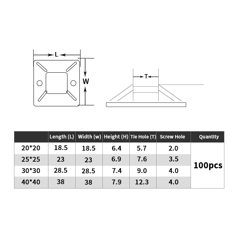 100PCS Self Adhesive Cable Tie Mounts 20x20 25x25 30x30 40x40mm Zip Tie Base Holders Black White Wire Organizer Clips for Wiring