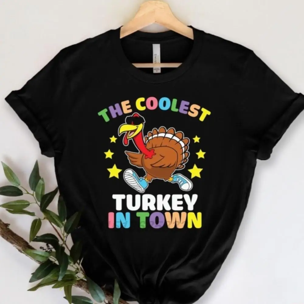 The Coolest Turkey in Town Female Vintage T-shirts Harvest Autumn Funny Tee Shirts Unisex 100% Cotton Oversized Tops Clothing