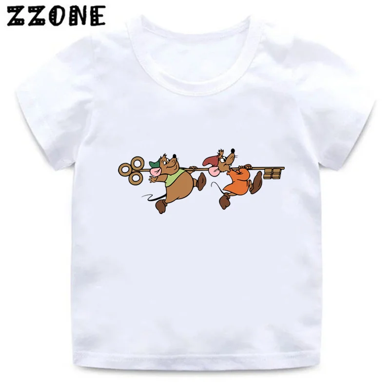 Cute Cartoon Print T-shirts para crianças, bebês meninos e meninas roupas, crianças Tops, Jasq e Gus, Mouse, Cinderela, Verão, ooo5894