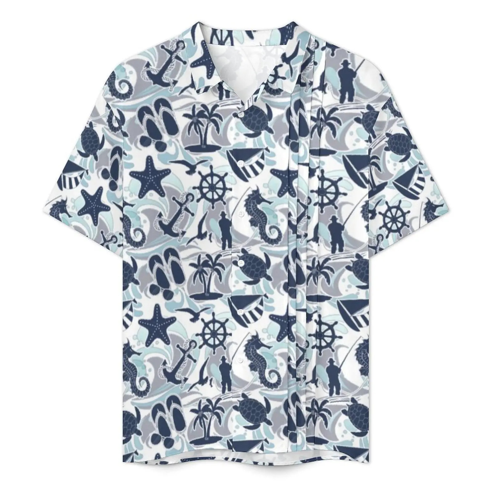 Nautical Beach Beach Shirt Mens Seaside Ocean Print Trendy Casual Shirts Hawaii Short Sleeve Korean Fashion Oversized Blouses