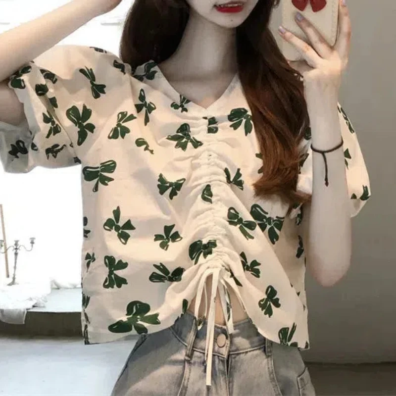 Shirt Female Wearing Outside Summer 2024 New Pattern Vintage Hong Kong Flavor Bowknot V-Neck Draw Rope Short Sleeve Pullovers