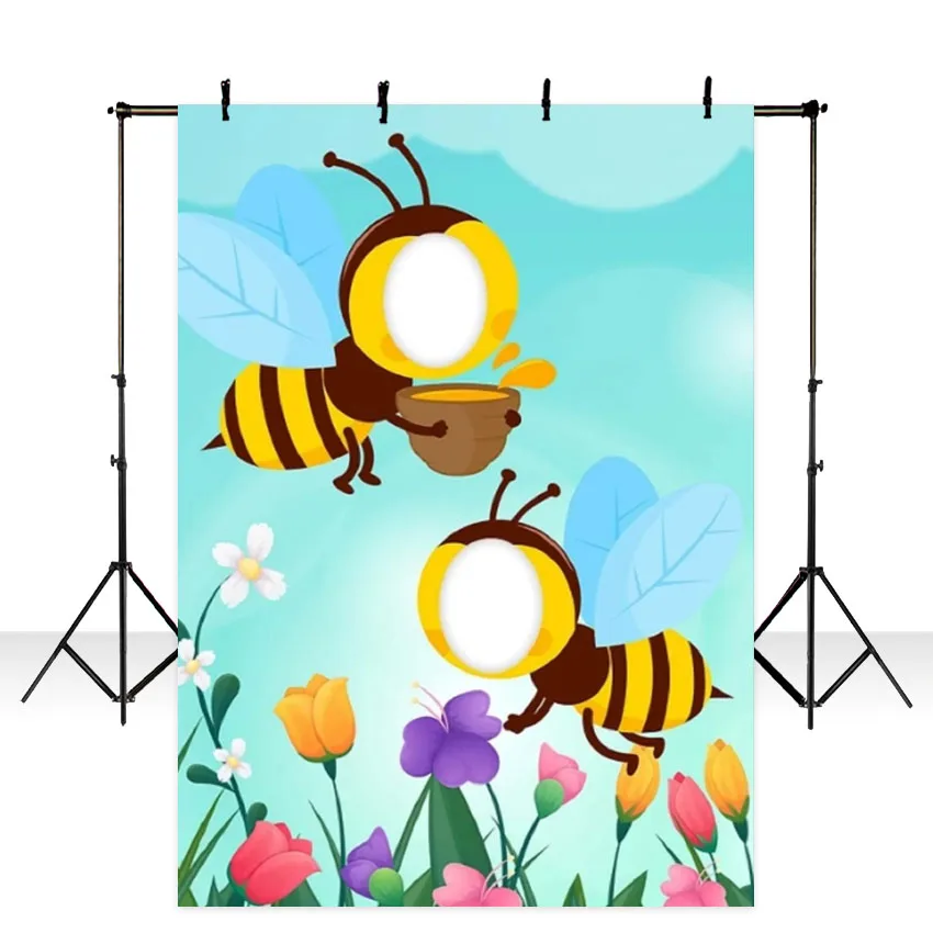 

Diligent Bee Flowers Face In Hole Background For Birthday Party Baby Shower Newborn Portrait Backdrops Blue Sky Photocall Banner