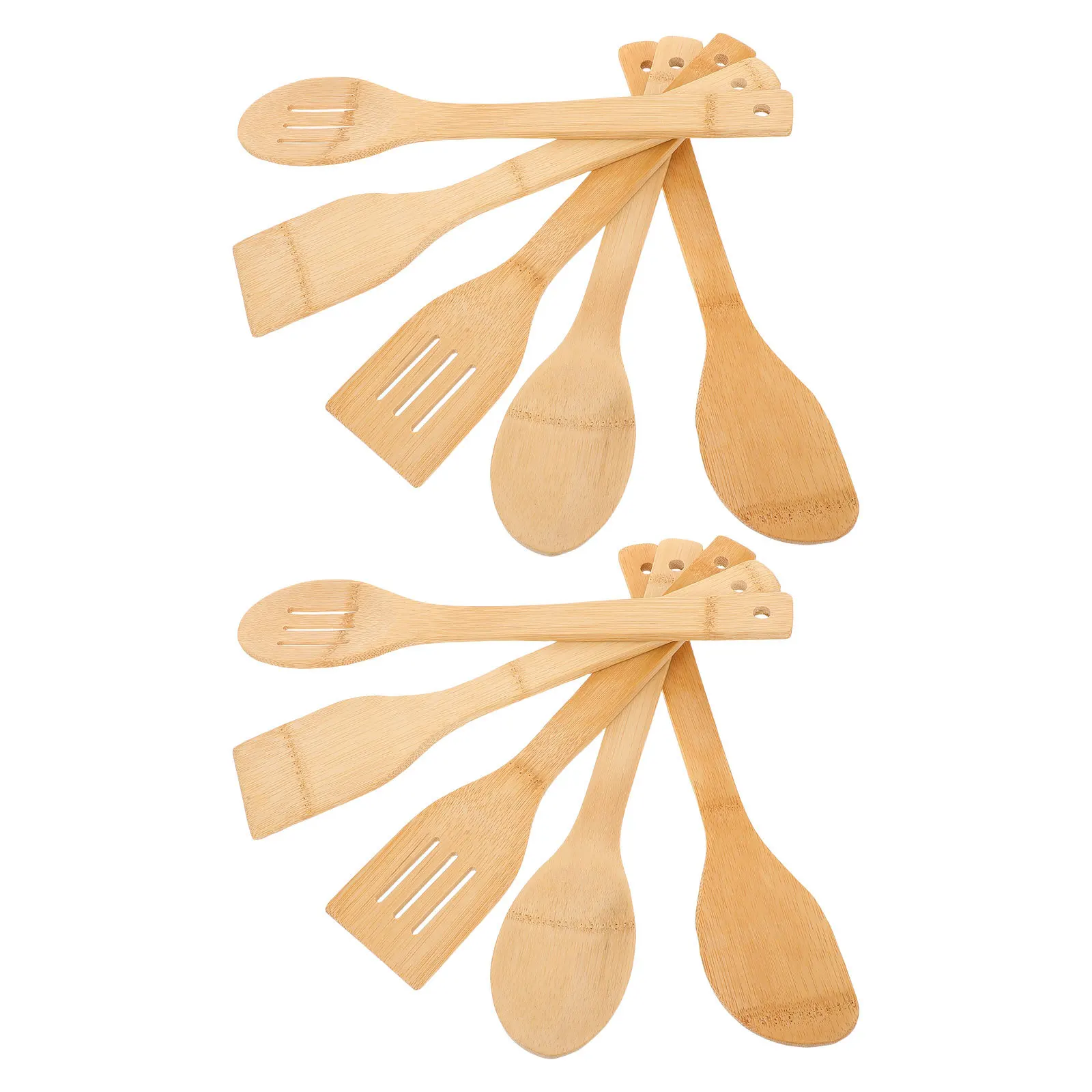 

10 шт., набор бамбуковой посуды: кухонные принадлежности с длинной ручкой и антипригарным покрытием для яиц, крепа, стейка, рыбы, лопаточка с прорезями, кухонная лопаточка