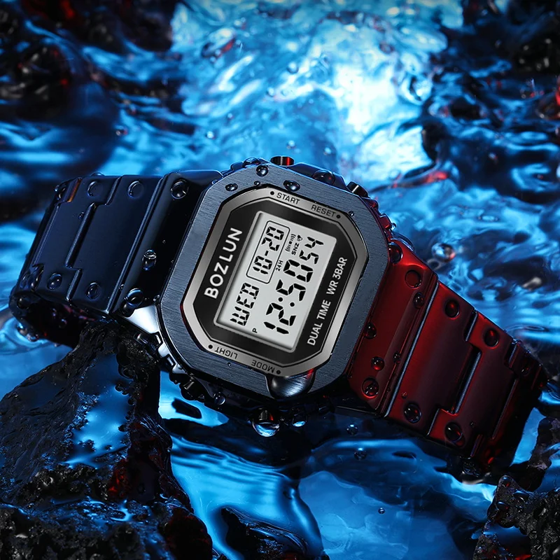 ساعة BOZLUN للأعمال الإلكترونية الرقمية المقاومة للماء للرجال والنساء، ساعة يد بسيطة من الفولاذ المقاوم للصدأ بشريط EL خفيف Reloj Hombre