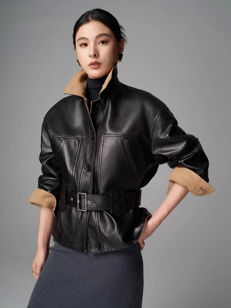 

Casual Black Genuine Leather Jackets Women Autumn Winter High-end Simple Double-sided Wear Short Real Sheepskin Coat with Belt