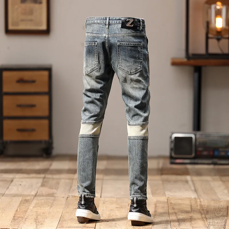 Jeans slim fit masculino, design de costura, moda de rua, homem bonito, casual, retro, stretch, moda