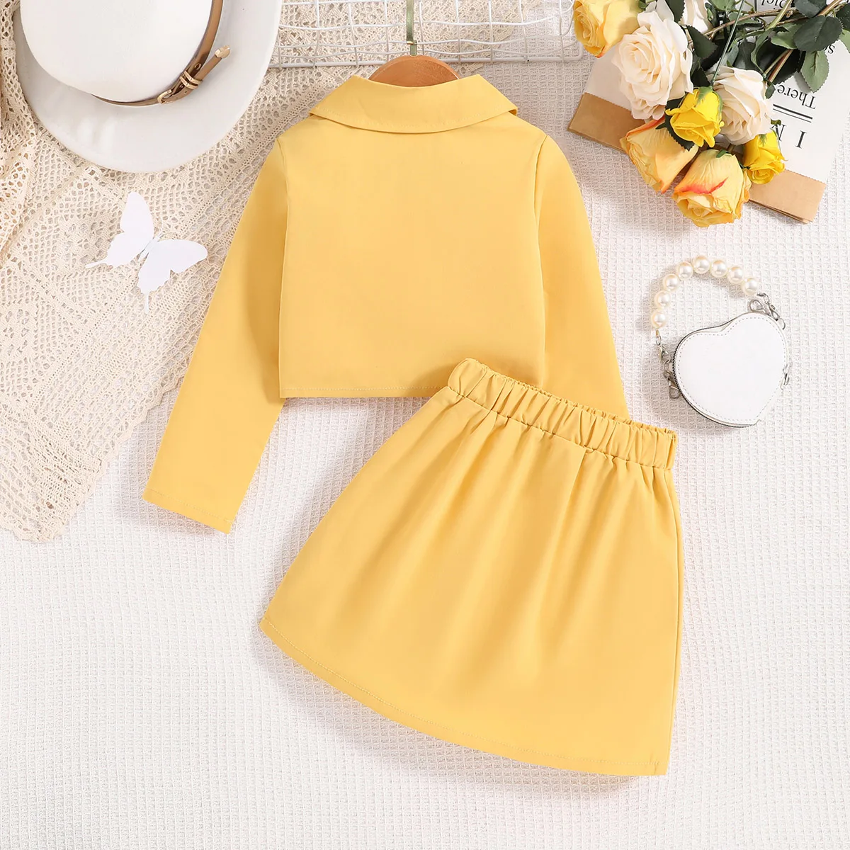 Kids Clothes Set 4-7 Years Spring Autumn Girls Short Yellow Suit Jacket + Skirt Elegant Fashion Children Baby Formal Clothes Set