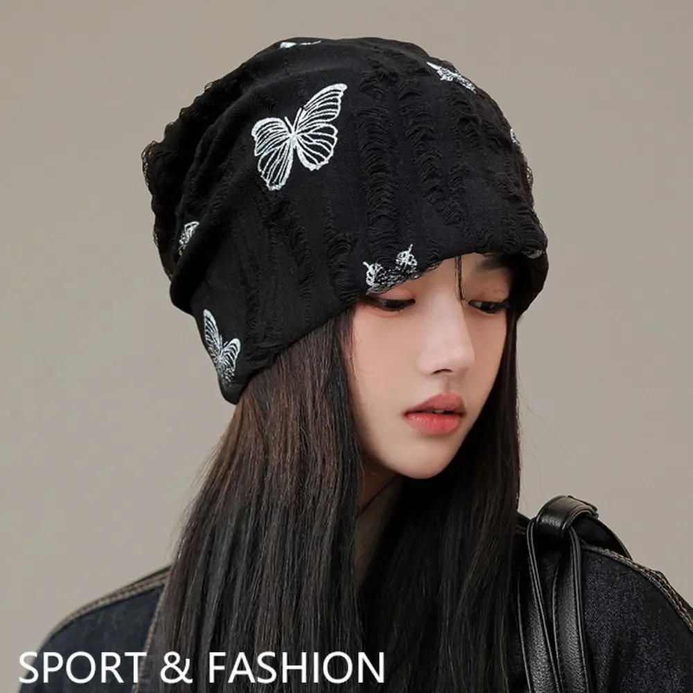 

Harajuku Holes Butterfly Print Beanies Korean Style Thin Knitted Hat High Quality Warm Hair Caps Autumn