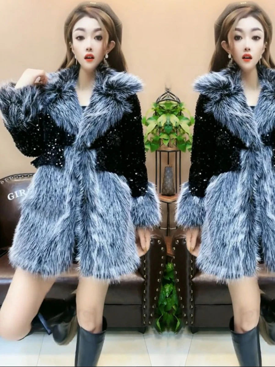 Polo Collar Long Sleeve Faux Fox Fur Sequined Fur Coat Women 2022 Winter Clothes Temperament Slimming Purple Leather Fur Jacket