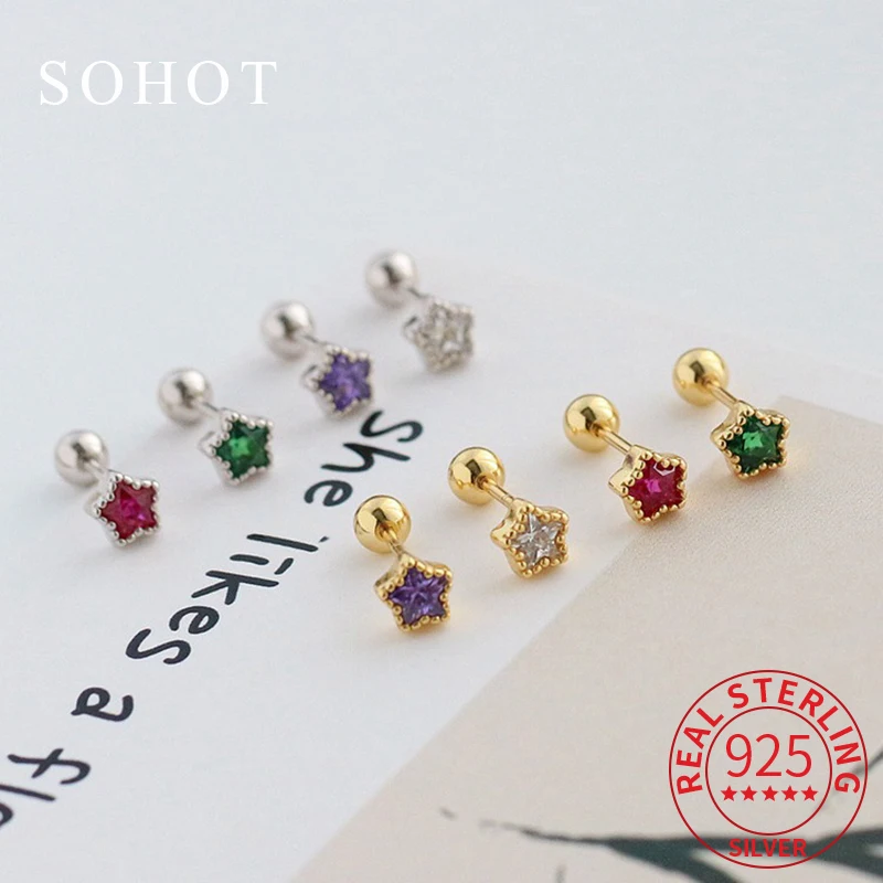

Real 925 Sterling Silver Colorful Star Zircon Piercing Screw Bead Mini Stud Earrings for Women Cute Fine Jewelry Accessories