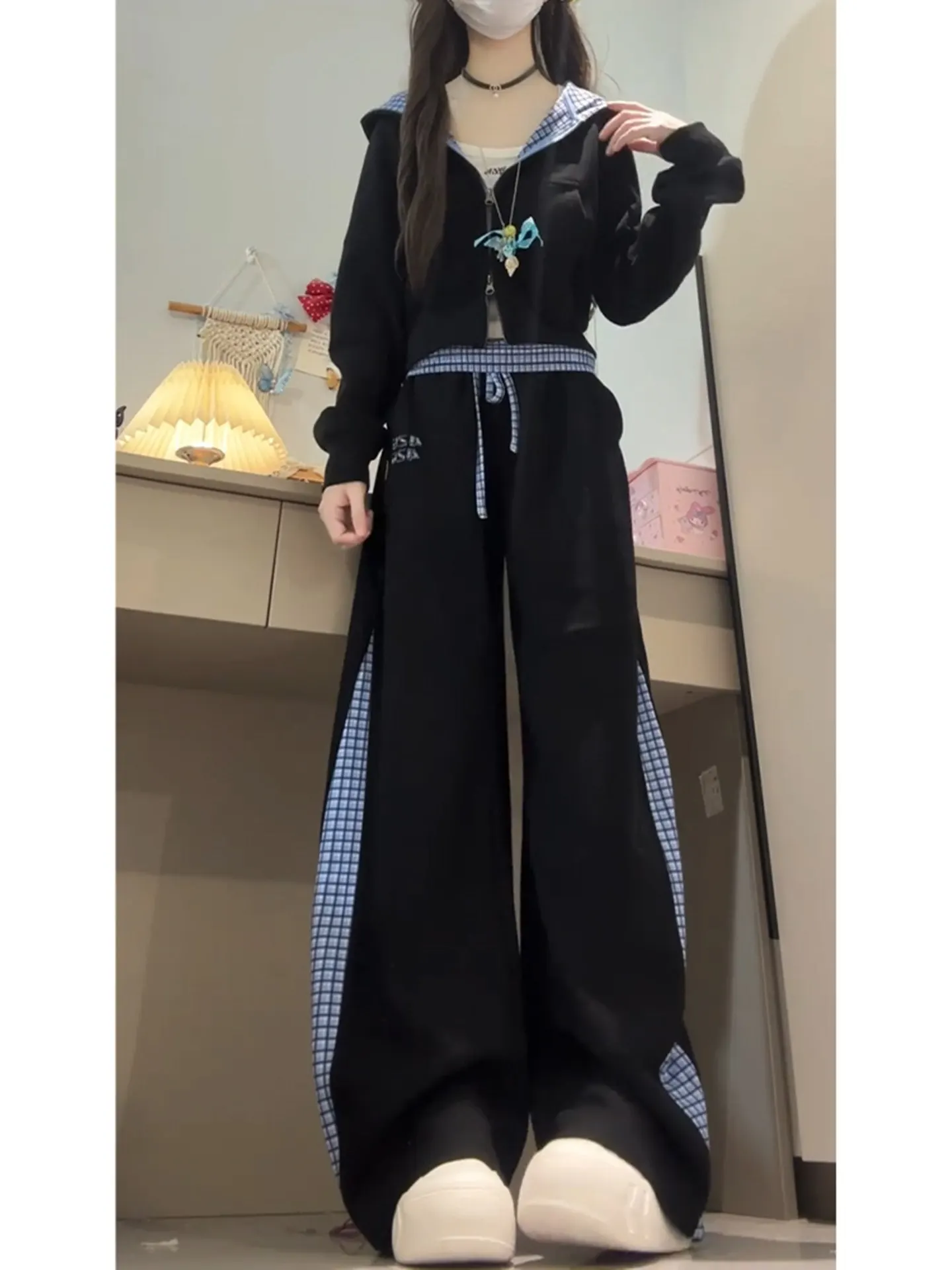 Loose Women's Sportswear Set Spring Running Wide Leg Pants Hoodie Two Piece Casual Korean Style College Trend Anti-Wrinkle