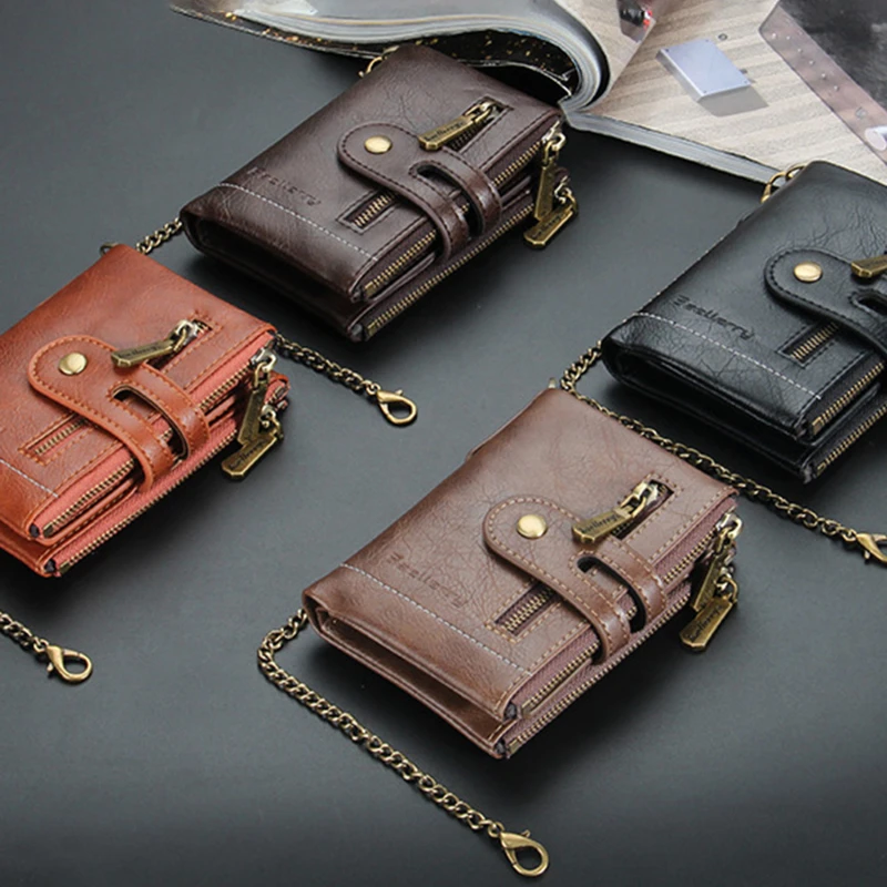 

High Quality Men's Wallet Pu Leather Short Male Wallet Multi-card Male Purse Zipper Poucht Retro Three Fold Chain Money Bag