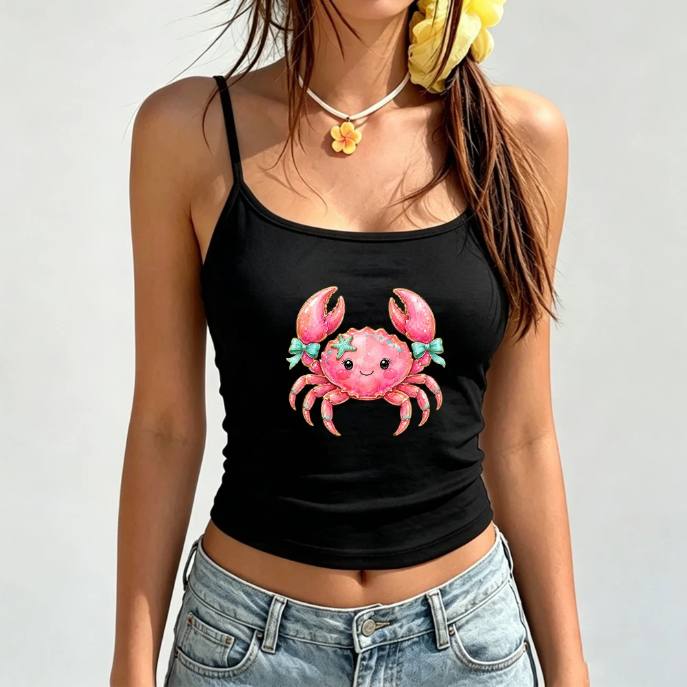 Summer Sea Cami Women Pink Crab Pattern Tank Top Sleeveless Vest Beach Party Tee Soft Girl Aesthetic Wear Cool Vacation