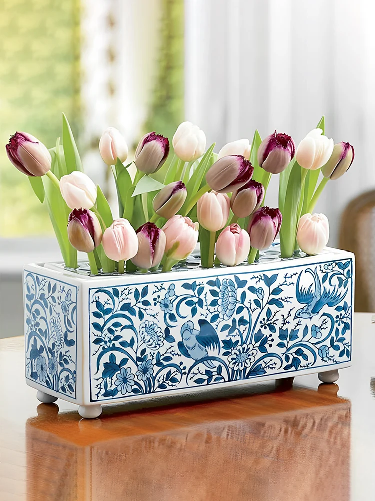 

Blue And White Cerc Flower Vase Bird New Chinese Sle Fre Flower Arrangement Ornament Living Room Dining Table Multi-Po...