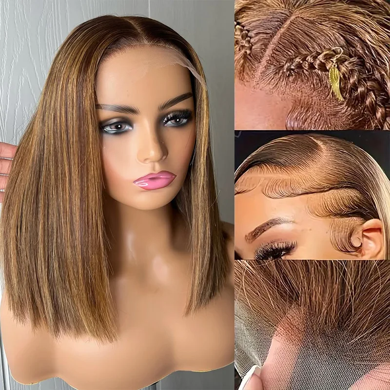 Bob-Perücke, Echthaar, Highlight Ombre, 13 x 4, Lace-Front-Perücken, 4/27, honigblonde Perücken, Echthaar, vorgezupft, mit Babyhaar, 200 Dichte