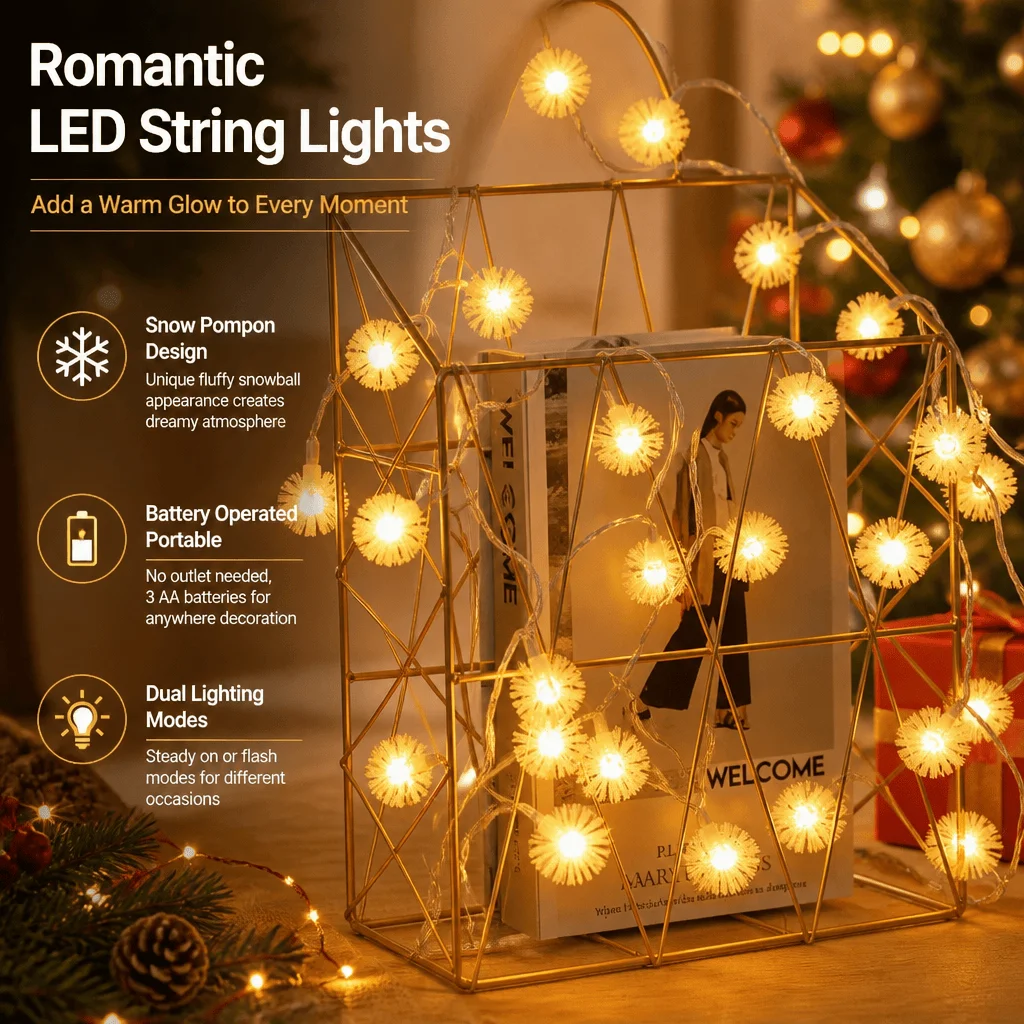 LED String Lights Christmas Snow Pompon Battery Operated Fairy Lights Party Wedding Outdoor Home Garden Diy Decorative Lighting