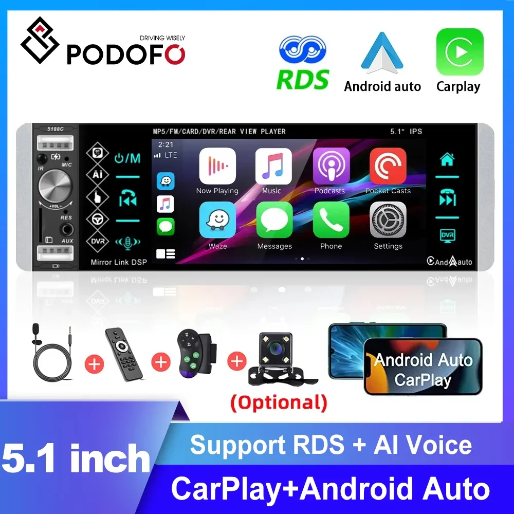 Podofo 5.1 Inch MP5 Audio Video Player  AI Voice 1 Din Carplay Car Radio Receiver Bluetooth Autoradio AM FM Radio Tape Recorder