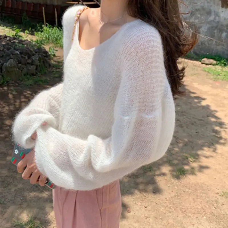 Women Spring Autumn Mohair Pullover Solid Color V Collar Sweet Loose Long-sleeved Knit Sweater