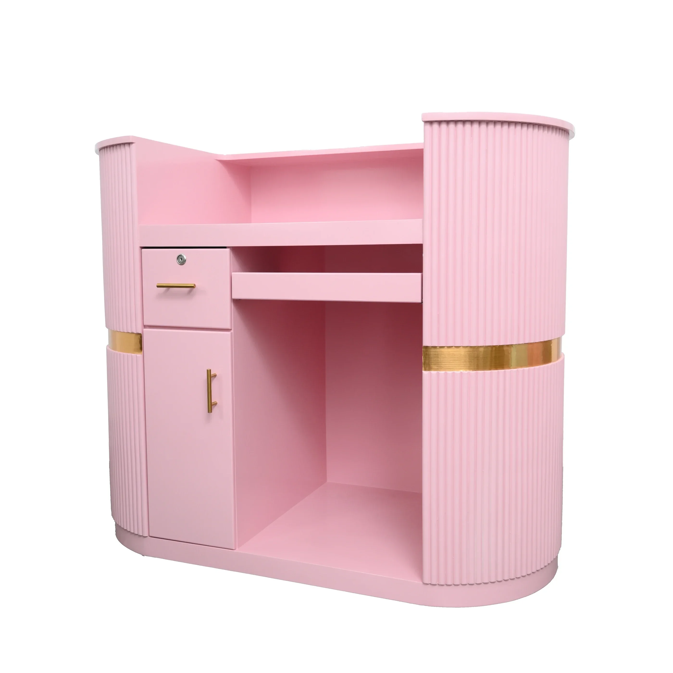 

Customized Modern Wooden Salon Office Furniture Shop Cash Counter Desk Pink Reception Desk For Sale
