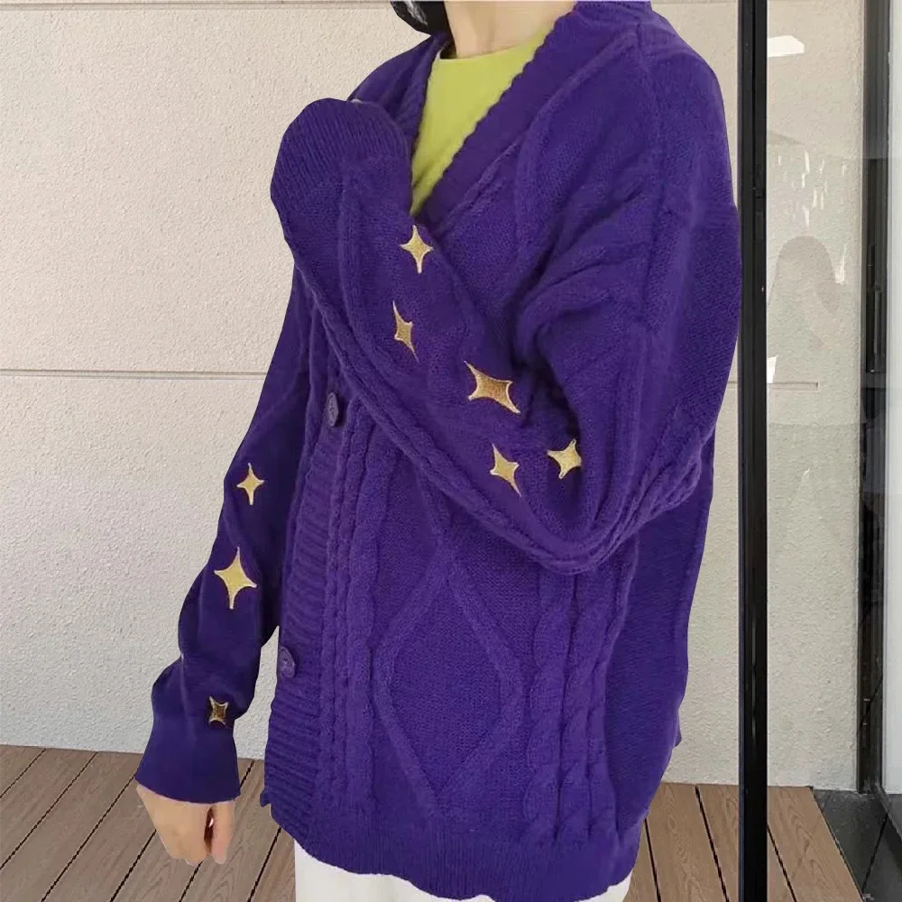 

Women Loose Knitted Cardigans Coat Y2K Star Embroidery Sweaters Vintage Purple Streetwear Casual Single Breasted Long Sleeve Top