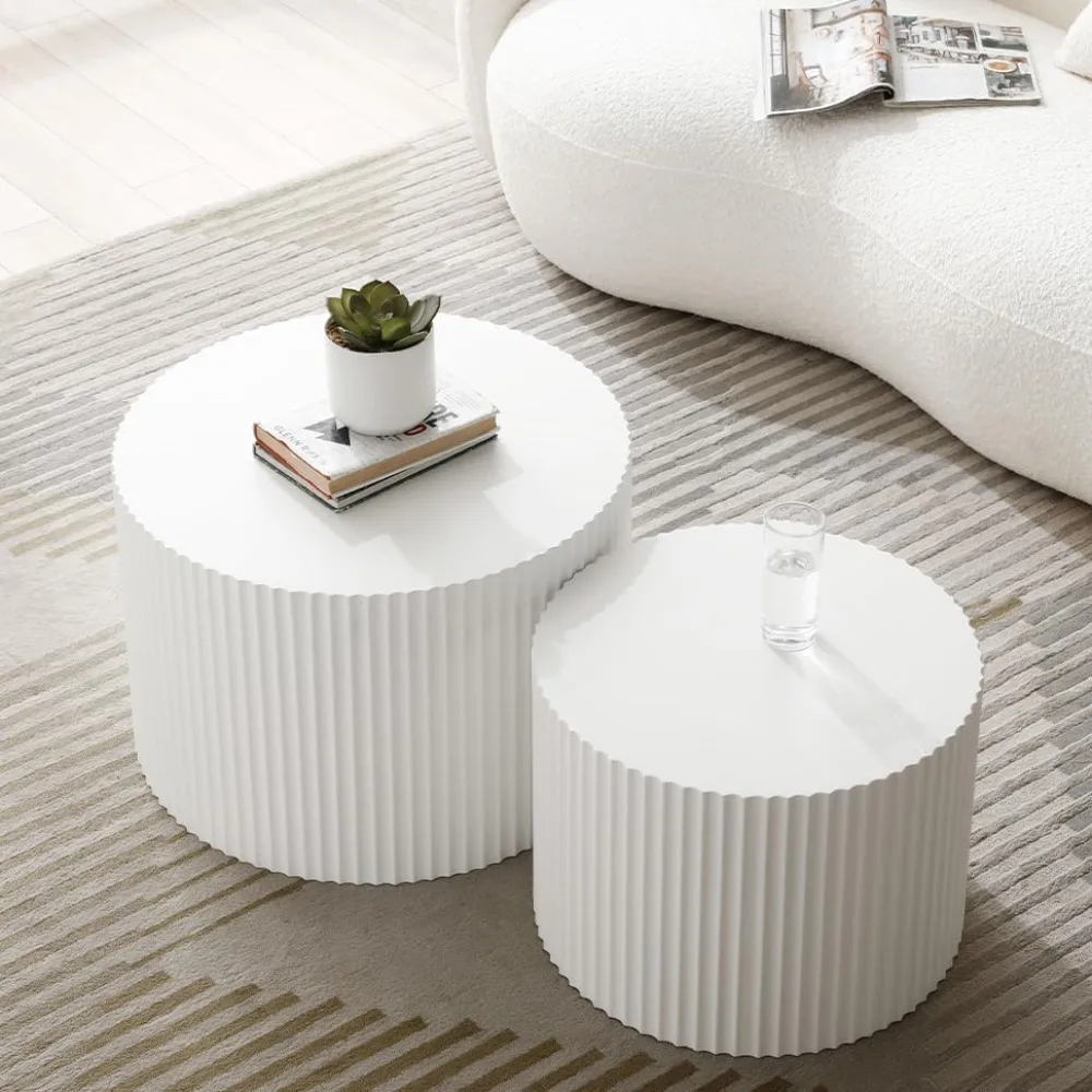 モダンな白い丸いネストコーヒーテーブルセット（狭いスペース向け）- リビングルーム用アクセント家具