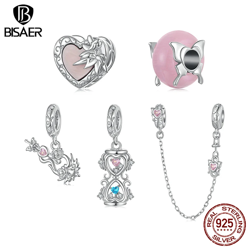 BISAER 925 Sterling Silver Spring Hourglass Charm Flower Violin Pendant Butterfly Silicone Safety Fit Women DIY Bracelet Jewelry