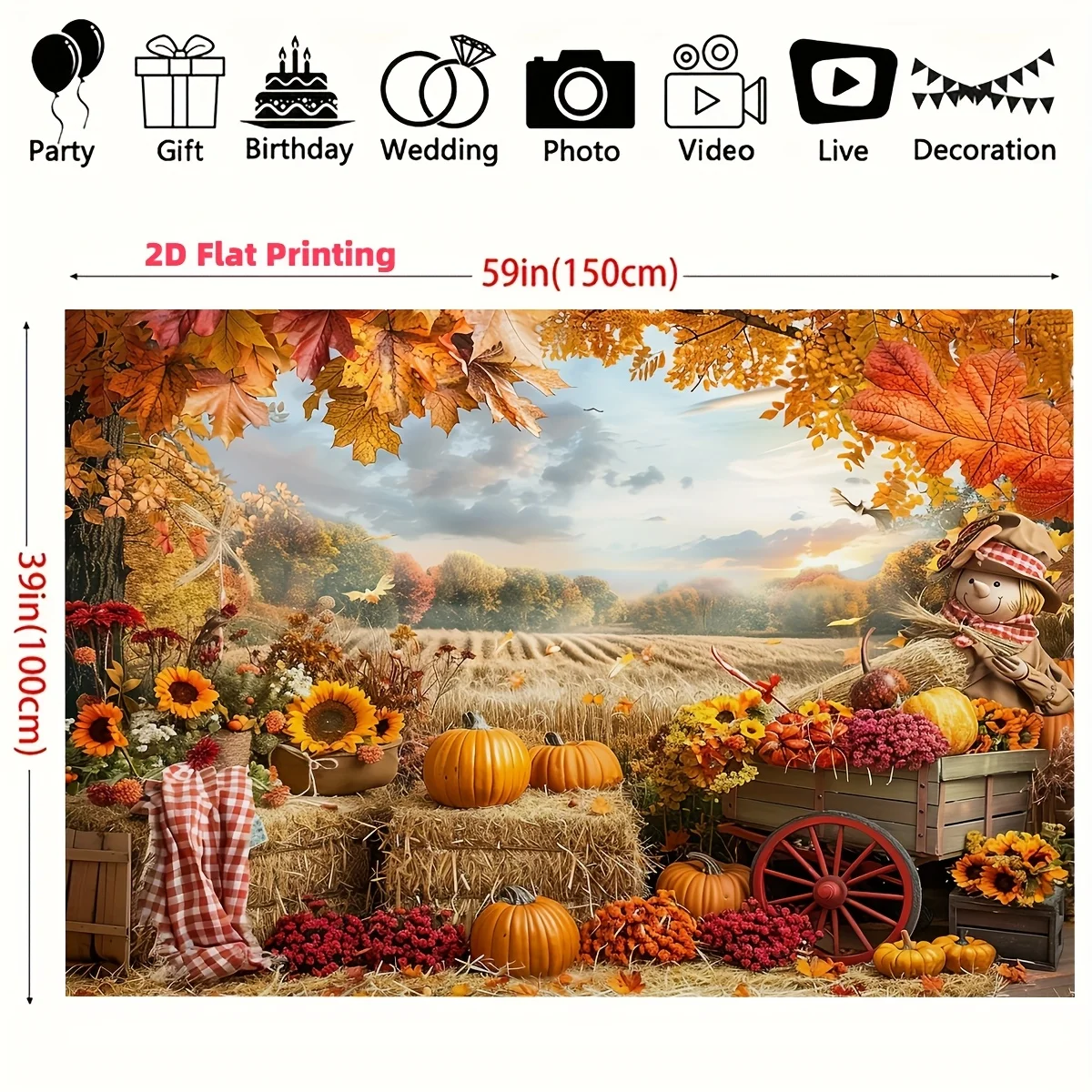Autumn Harvest Tapestry, Vibrant Pumpkin Sunflower and Gnome Farm Scene, Rustic  for Thanksgiving Fall Home Decor and Party